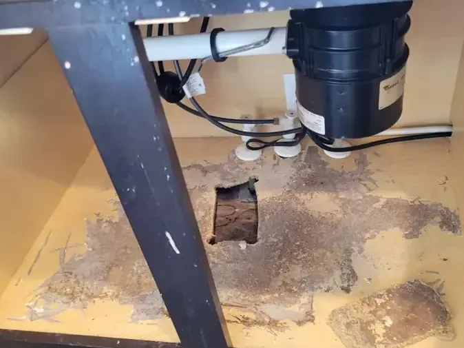 Cabinet base under a sink cut open below the plumbing so it can dry out