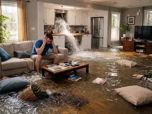 Standing floodwater across a living room floor