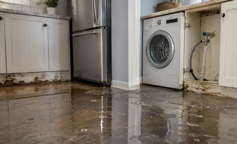 Kitchen floor flooded by a leaking washing machine supply valve