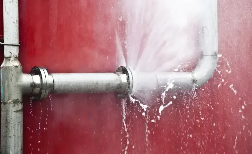 Water spraying from a failed joint on a burst supply pipe