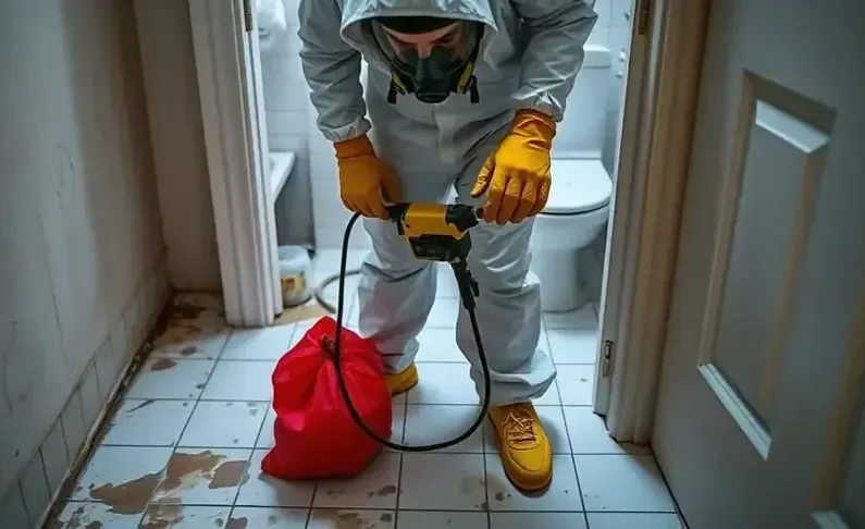 Technician in a protective suit and respirator treating a bathroom floor after a sewage backup