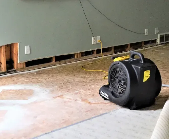 Air mover drying an exposed subfloor beside a flood cut