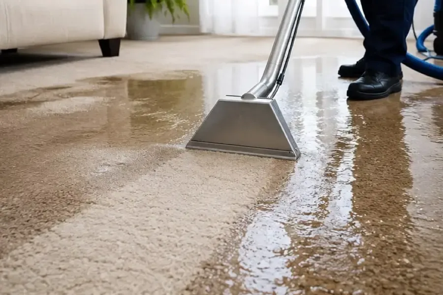 Extraction wand drawing standing water out of soaked carpet