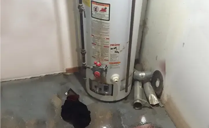 Water pooled on the floor around the base of a gas water heater after a leak